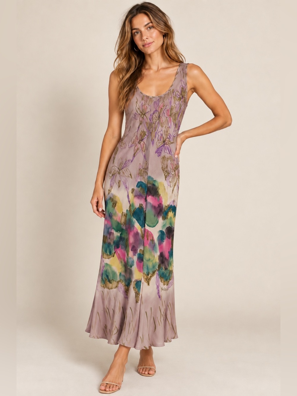 Abstract Watercolor Floral Sleeveless Maxi Dress Approx. Medium - Made in Italy